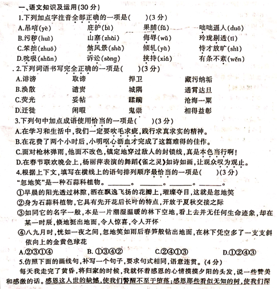2020重庆九学业水平暨高中招生考试科研语文三模卷（图片版）